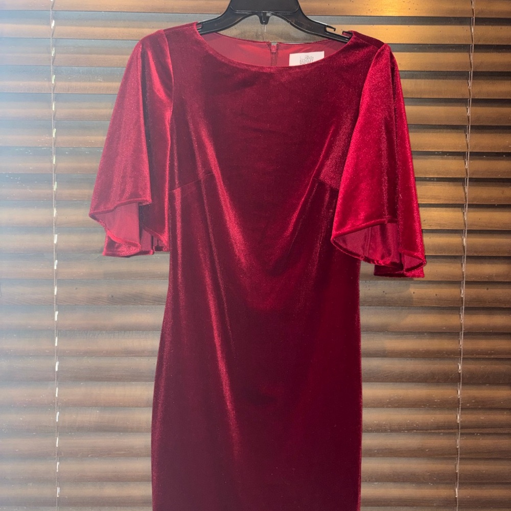 Badgley Mischka Deep Red Velvet Midi Dress with Flutter Sleeves